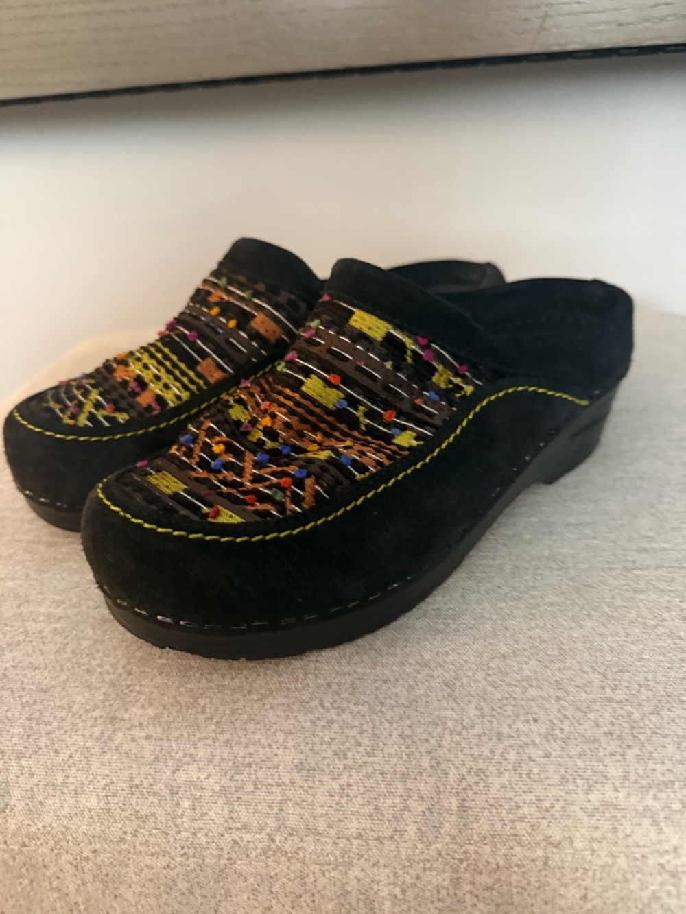 DANSKO Mystique Black Suede Aztec Boho Tapestry Clog Mules in Size 38 / 7.5